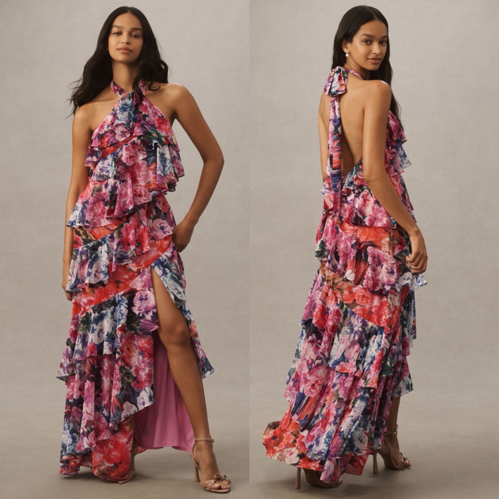 Nwt Anthropologie Bhldn Isabel Halter Floral Ruffle Chiffon Maxi Dress
